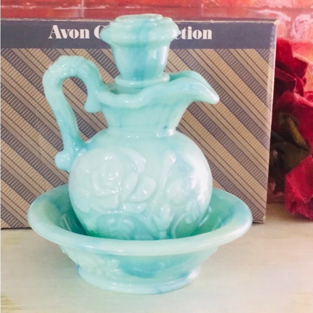 Vintage 1986 Avon Aqua Victoriana Milk Glass Pitcher & Bowl Set